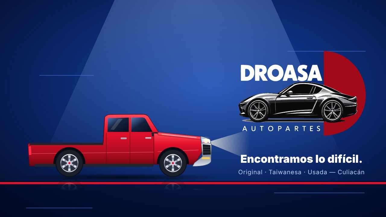 Pickup roja reparada junto al logo DROASA y Encontramos lo difícil